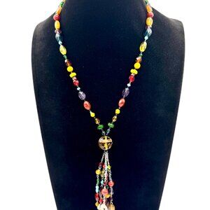 Southwestern Boho Multi Color Glass Beads and Faux Coins Tassel Necklace